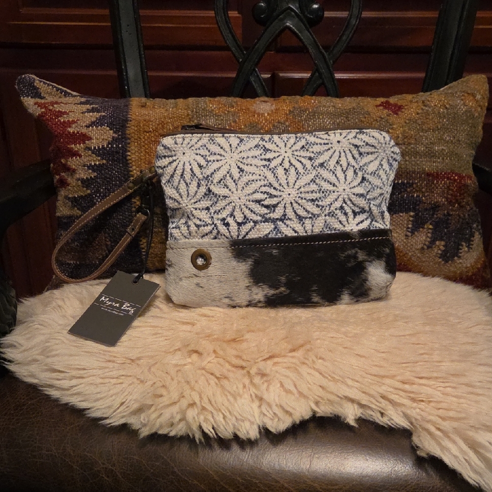 NWT Myra Leather Floral Textured Canvas Cowhide Wristlet.
